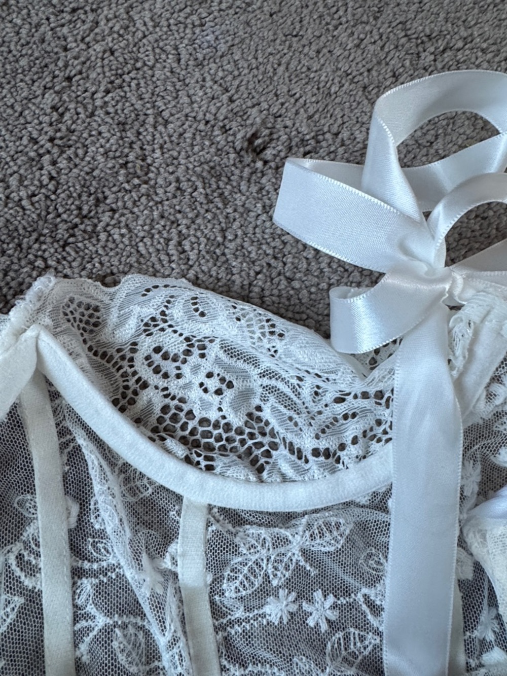 White Floral Lace Corset Mini Dress Sheer Ruffle Tie Strap SIZE L - Picture 6 of 6